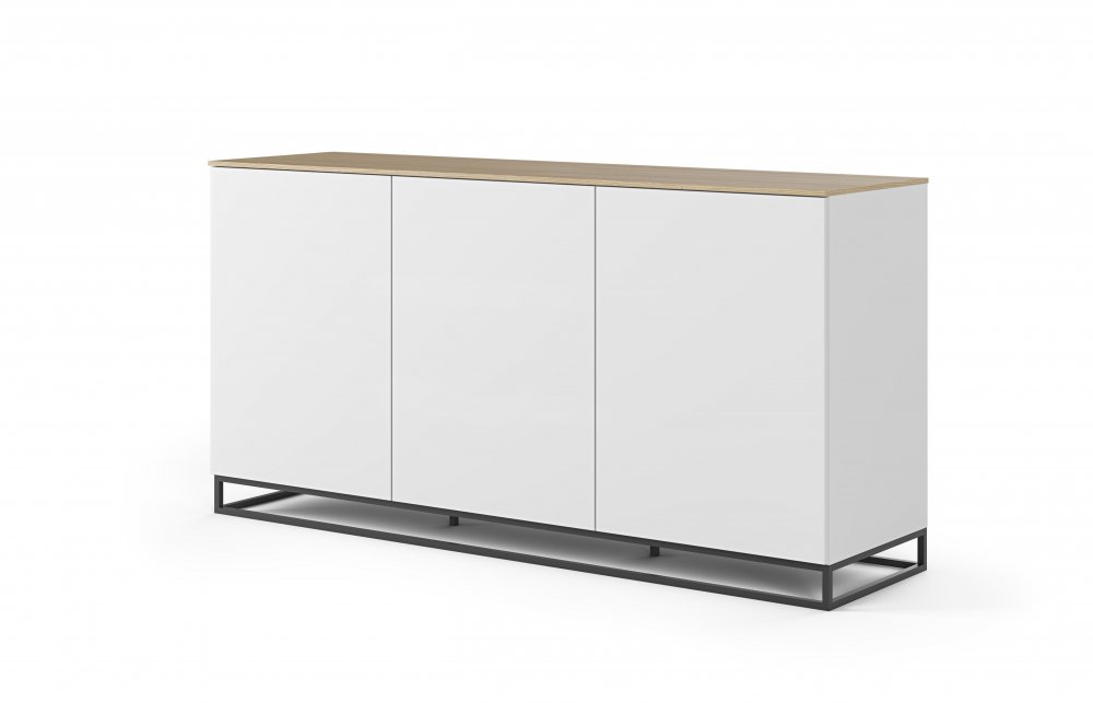 Buffet WHITY blanc mat 180cm 3 portes Plateau chêne clair et pied métallique noir